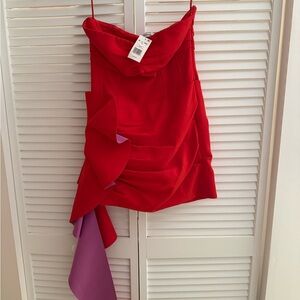 Strapless Red Mini Dress with Purple Ruffle Accent